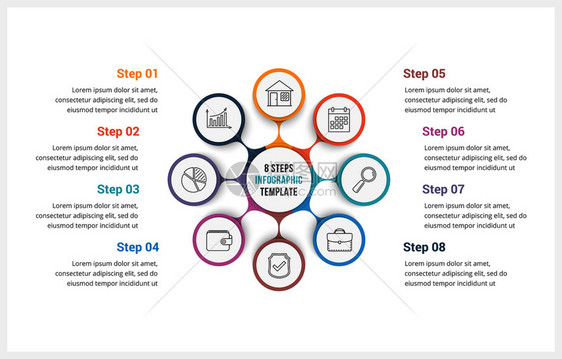包含八个元素的圆形信息图模板可用作进程图步骤选项矢量eps10插图图片