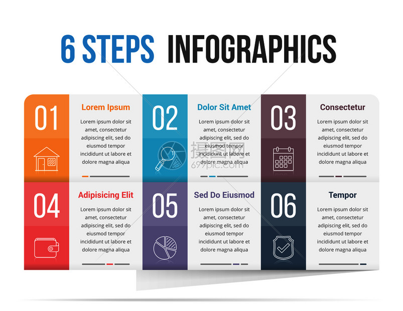 包含六个步骤或选项工作流程图矢量eps10插图的模板图片