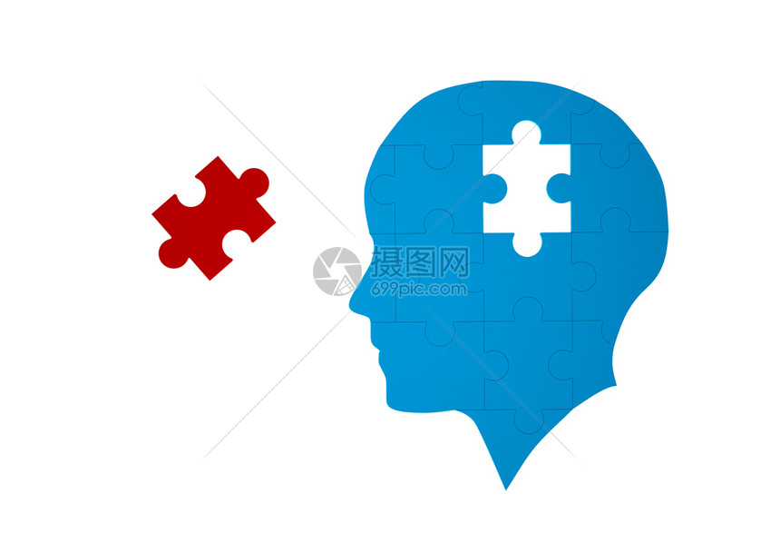 蓝拼图作为人类大脑的蓝拼图在老年痴呆和s疾病医学概念中以白色背景的人类大脑为蓝拼图3d抽象插图图片