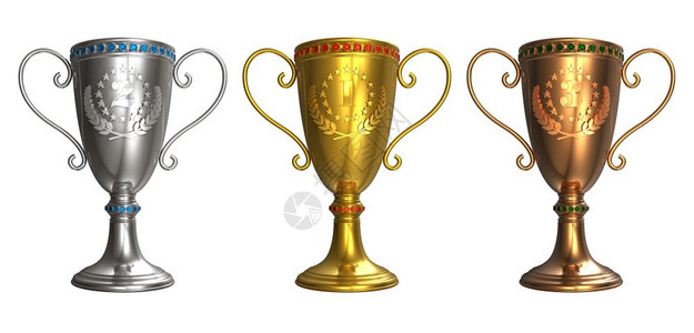 一组白背景孤立的金银和铜奖杯图片