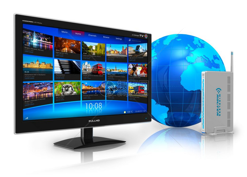 因特网电视概念宽屏幕电视配有流成频画廊蓝色地球和无线路由器以白色反射背景隔离图片