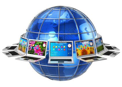 全球计算机通信和连全球计算机信和连概念围绕蓝色灰地球圈的笔记本电脑白背景孤立图片