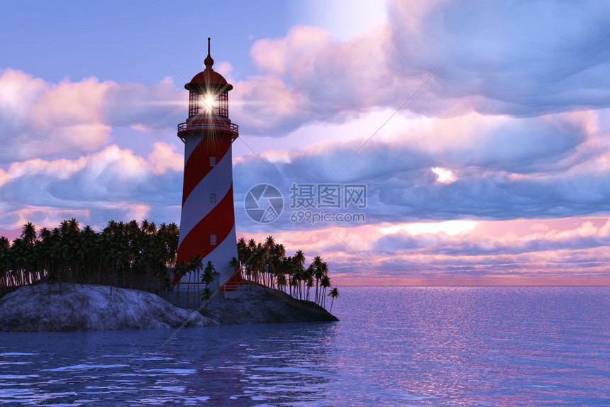 美丽的日落景色岛上灯塔在海图片