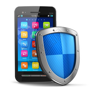 移动安全和防保护概念白底金属防护罩覆盖的黑光触摸屏智能手机图片
