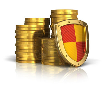 金融保险和企业稳定概念保护盾覆盖的金质硬币堆积在白色背景上隔离产生反射效果图片