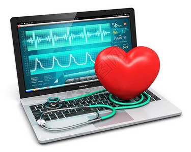 创意抽象保健医药和心脏病学工具概念3D将笔记本电脑或PC的插图在屏幕听诊器和红心形上用医疗血管诊断测试软件将白背景隔离在屏幕听诊图片