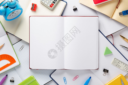 学校附件和打开带有空页顶视图的笔记本或书图片