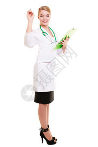 身穿白色大衣有听诊器的妇女身穿白色大衣有剪贴板和笔部的医生有疗保险的务人员图片