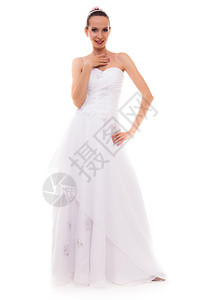 穿着白袍的全长年轻有魅力的浪漫新娘白衣与背景隔绝图片