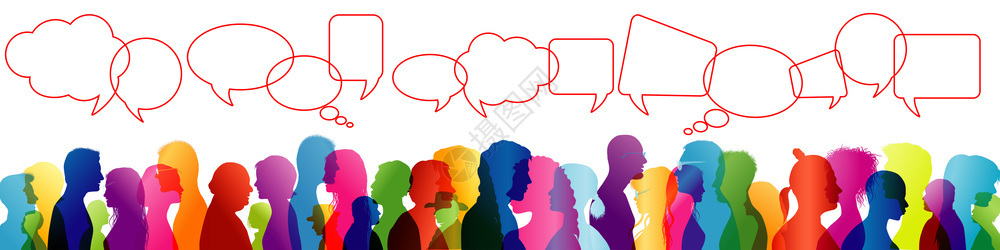 人群交谈与之间的谈话交流一群有色人种的侧写轮廓语言泡沫说话图片