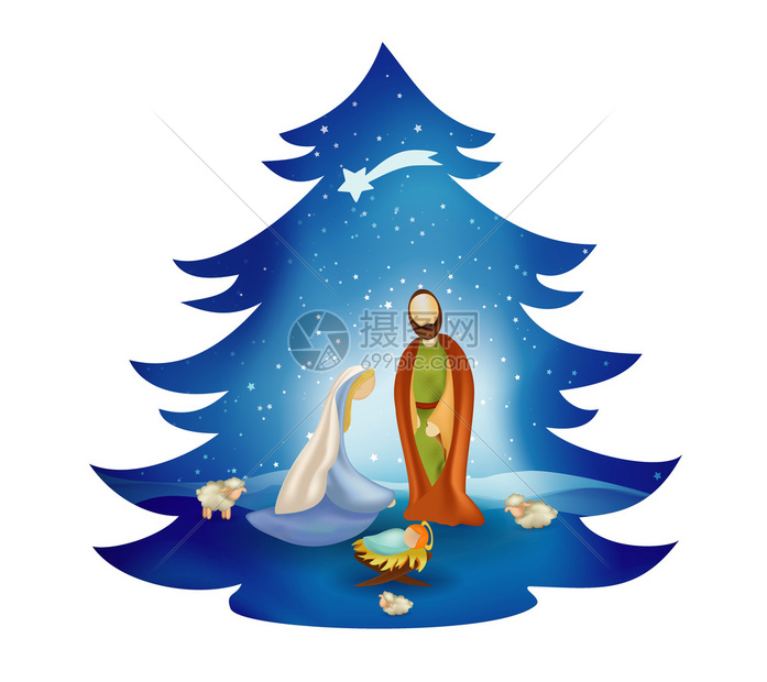 圣诞树自然现象圣家在蓝色背景下出现图片