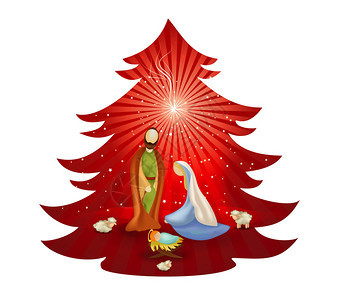 圣诞树的自然现象圣家在红色背景下出现图片