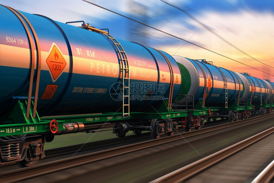 铁路货运输业和铁路货输业和铁路输工业概念现代高速火车配有油罐行驶路线运动效果模糊图片