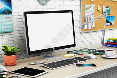 创意抽象的3D表示现代办公室业务或家庭工作空间设计的内部插图台式计算机PC在木制桌上用空白显示屏用其他物体智能手机平板电脑咖啡饮图片
