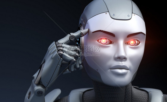 机器人将手指握在头顶上3D插图运用脑力图片