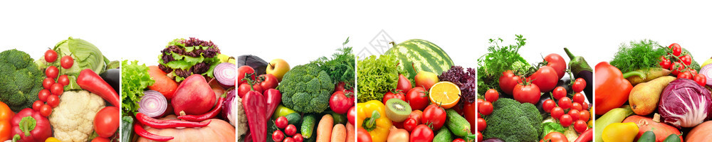 水果和蔬菜的拼凑在白色背景上按垂直线划分图片