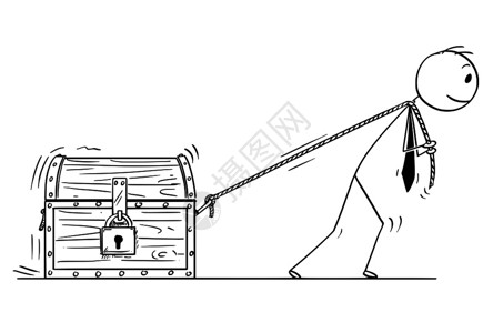 锁定收益卡通棍棒手画出商人用绳子拉锁着的藏宝箱图案插画