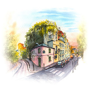 在法国巴黎蒙马特区Montmartre有粉红色房子的舒适老街水彩色草图法国巴黎蒙马特Montmartre粉红房子图片