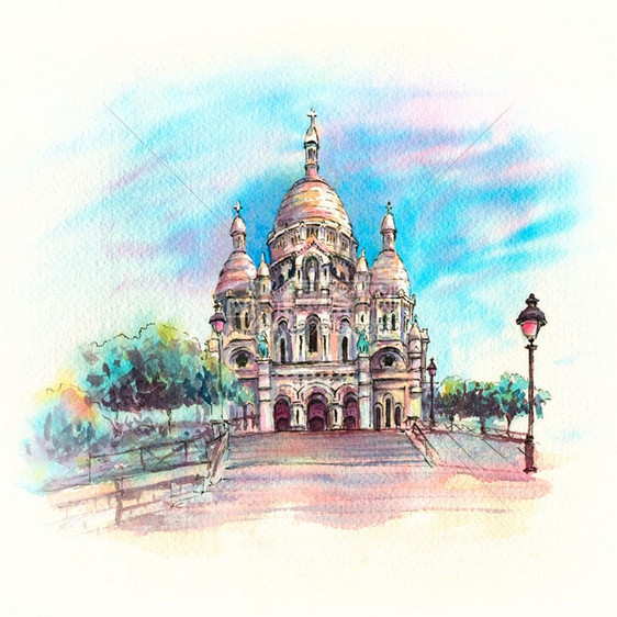 法国巴黎蒙马特区圣心教堂或水彩色草图法国巴黎圣心教堂法国巴黎图片