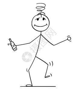 卡通插画了醉酒男子步行或用瓶手握着跳舞的概念说明图片
