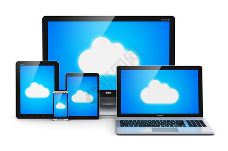 创意抽象云计算技术无线互联网电信和络连接商业概念笔记本或电脑平板智能手机或蓝天空和云符号在白背景隔离的屏幕上图片