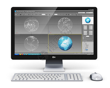 3D设计技术商业概念专台式工作站计算机个人电脑在监视屏幕键盘和白背景的鼠上有3D开发软件界面图片