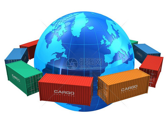 全球航运概念蓝色地球周围的货集装箱排白底隔离在色地球一带图片