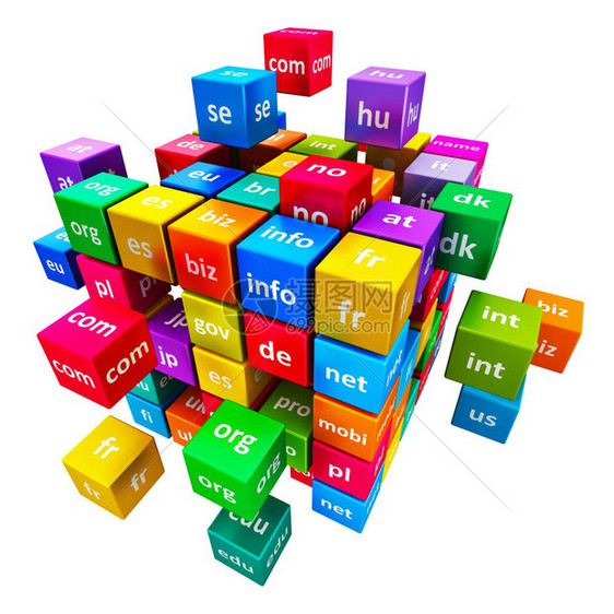 全球互联网通信计算机技术和网络电信商业计算机概念颜色立方体组合域名孤立在白背景上图片