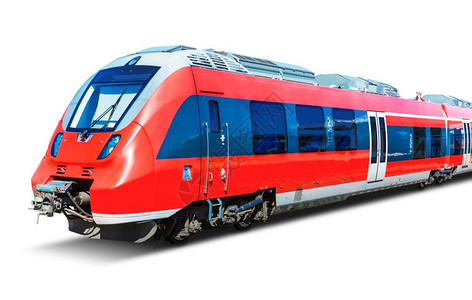 具有创意的抽象铁路旅行和游运输工业概念红色现代高速客运列车以白色背景孤立图片