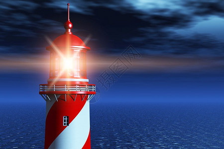 创造抽象导航安保和全业务概念灯塔美丽的海上景象夜有光束暴风雨空中有云彩图片