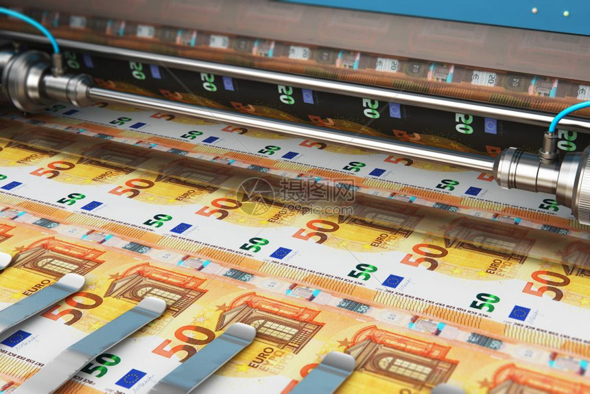商业成功金融银行会计和创造货币概念印刷机品50欧元纸钞图片