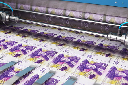 商业成功金融银行会计和货币创造概念印刷机品20瑞典克朗货币纸钞图片