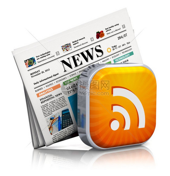互联网新闻和络RSS概念橙色RSS符号和在白色背景上孤立的具有反射效果的商业报纸图片