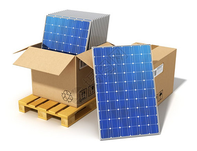 创意太阳能发电技术替代能源和环境保护生态商业概念一组堆叠式太阳能电池板装在有白底安和的有白底隔离置的货盘上纸板箱中图片