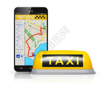 创意抽象旅行游观光和互联网络出租车服务商业运输概念现代金属黑光彩触摸屏智能手机在线卫星GPS出租车应用软件在屏幕上黄色计程车标志图片