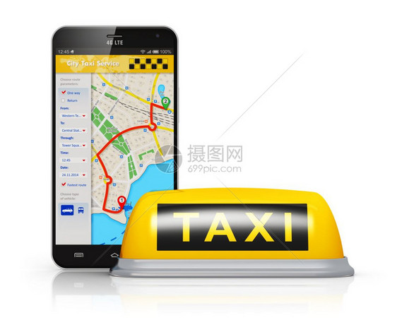 创意抽象旅行游观光和互联网络出租车服务商业运输概念现代金属黑光彩触摸屏智能手机在线卫星GPS出租车应用软件在屏幕上黄色计程车标志图片