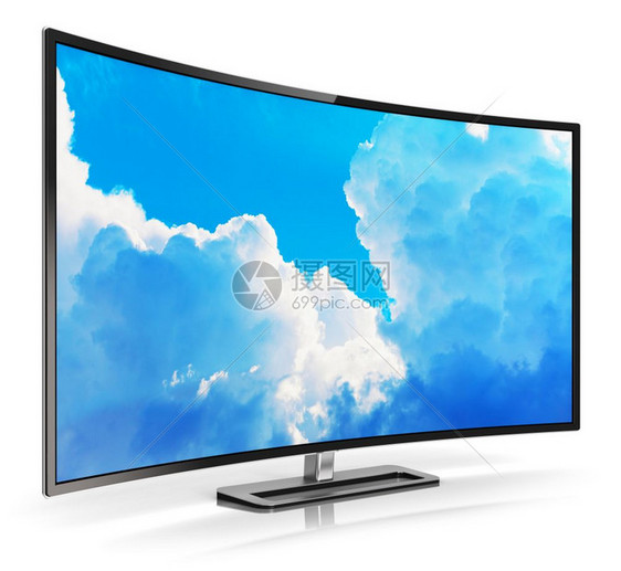 创意抽象超高定义数字电视屏幕技术概念3D显示曲线的OLED4KUltraHD电视或计算机个人电脑显示器的蓝色天空彩多白背景上孤立图片