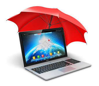 创意抽象的反安全和计算机数据隐私及保护技术业务概念现代笔记本电脑或办公室笔记本电脑由红色伞式或白背景孤立的阳伞或覆盖图片