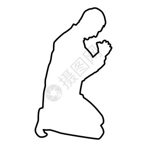 阿门男人在膝盖上祷告双影图标黑色矢量显示平板风格简单图像大纲插画