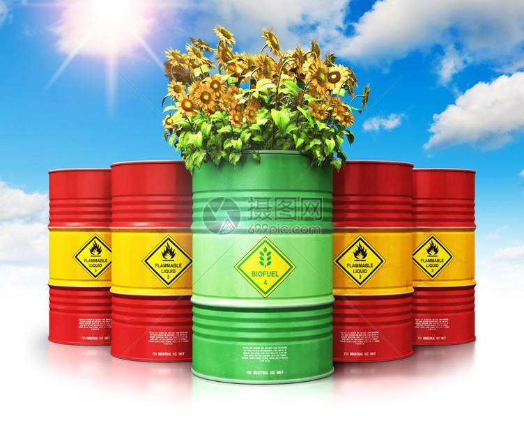 创意抽象生态替代可持续能源和环境保护节约商业概念3D表示绿色生物燃料或柴油桶在红色金属油石或天然气桶前面的红色金属油石或气桶前面图片