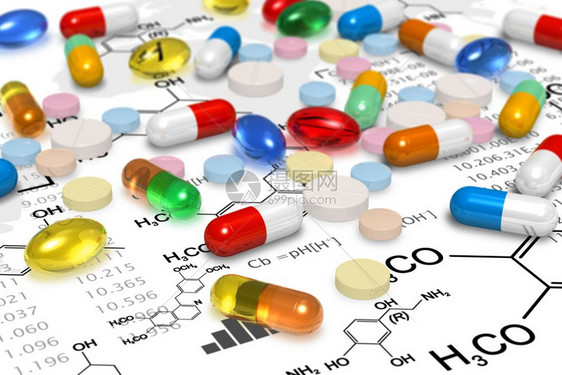 药用概念白底化学配方的彩色药丸和片与白底化学配方的成堆量宏观视图图片