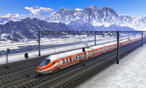红色现代高速火车经过雪山火车站图片