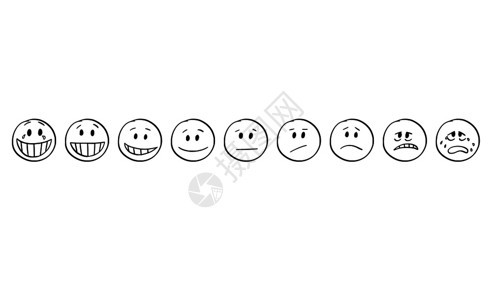 卡通棍绘制一套关于表情面孔的概念插图展示从喜悦或到悲伤微笑和悲伤的表情图片