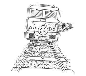 卡通插图概念说明惊吓的男子在铁轨上运行远离火车靠近后面的火车图片