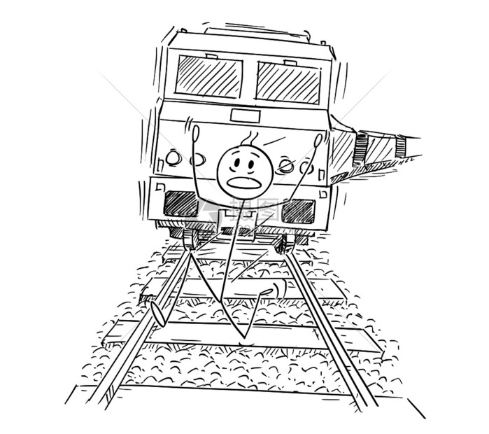卡通插图概念说明惊吓的男子在铁轨上运行远离火车靠近后面的火车