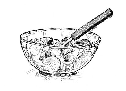 黑笔和墨水手工画小碗配有水果片混合物和勺子黑墨手画小碗水果图片
