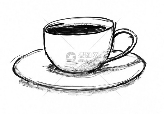 黑色刷子和墨水艺术粗巧的手绘热咖啡杯黑墨手画咖啡杯图片