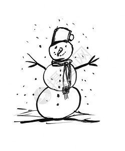 黑色刷子和墨水艺术粗糙的手画着笑冬季雪人黑色墨水画冬季雪人图片