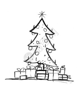 黑色画笔和墨水艺术粗糙的手画着装饰圣诞树和包装的礼品盒周围黑色墨水画着装饰的圣诞树和礼品盒图片