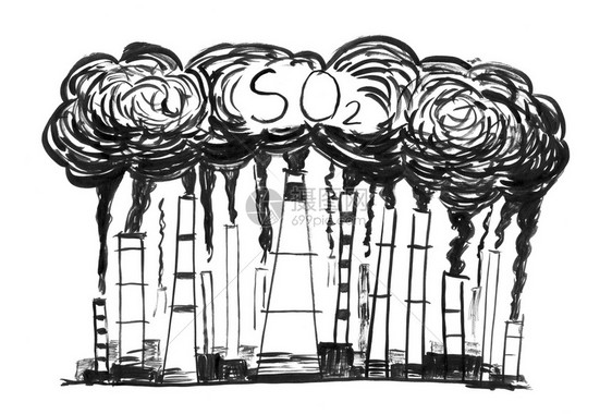 工业或厂烟囱进入空气中的烟雾和囱的黑刷和墨水艺术粗手绘画二氧化硫或空气污染的环境概念烟雾囱的黑墨袋手绘画工业或厂概念二氧化硫空气图片